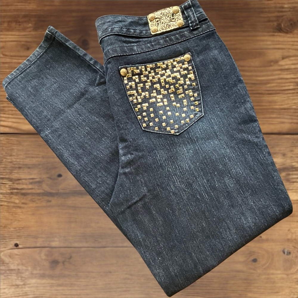 Style & Co. Women's Denim Dark Wash Slim Leg Jeans Size 12 P Gold Studded NWOT!